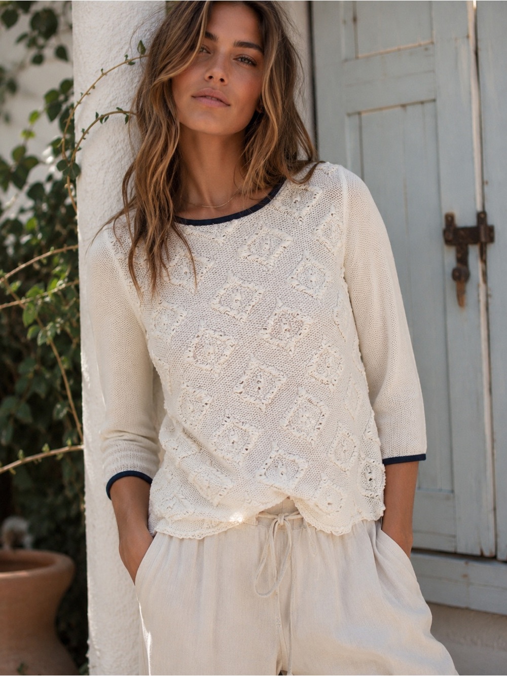 Anthropologie Textured Diamond Knit Sweater XS Cream Boho Cottagecore Pullover